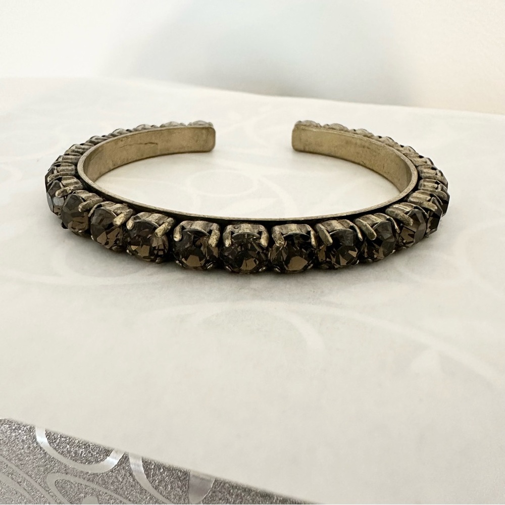 Vintage Signed J.Crew Smoky Crystal Open Cuff Bracelet in Gold-Tone Rhinestone